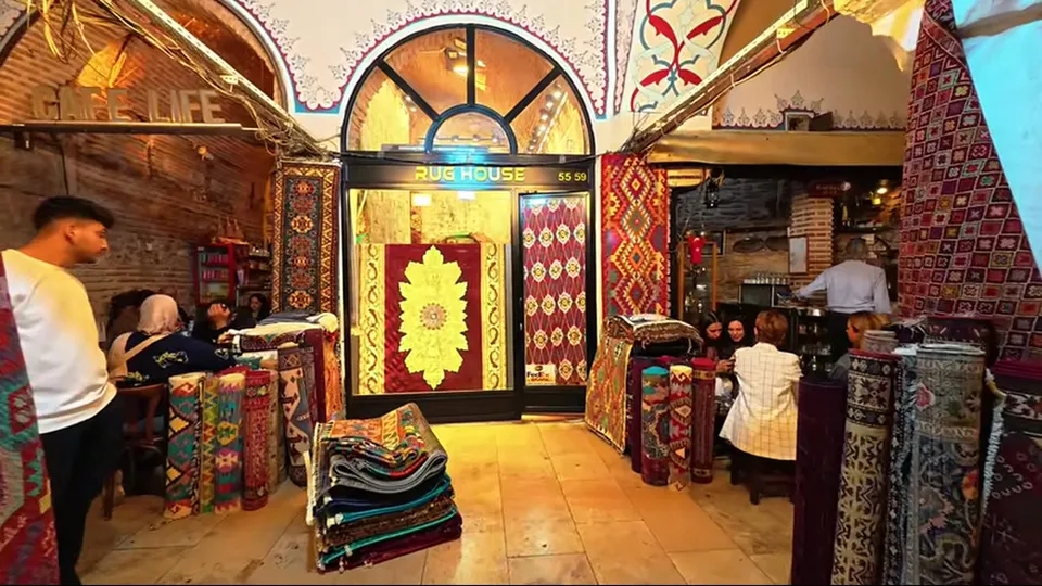 Symmetrical spice and tea stall overflowing with color in Grand Bazaar