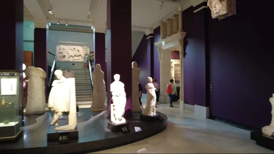 Wide view of statue-filled gallery inside Istanbul Archaeology Museums
