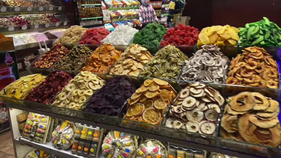 Colorful labeled spice mounds and tea blends at the Spice Bazaar